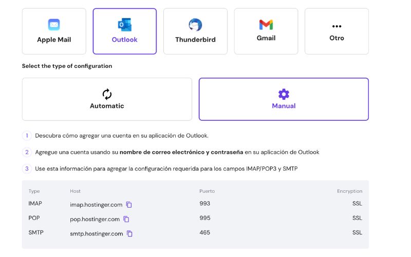 como configurar un mail de hostinger en outlook manualmente