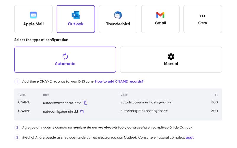 configurar un mail de hostinger en outlook automaticamente